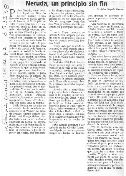 Neruda, un principio sin fin  [artículo] Jaime Salgado Albornoz
