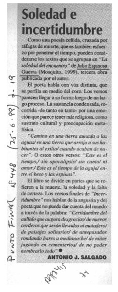 Soledad e incertidumbre  [artículo] Antonio J. Salgado.