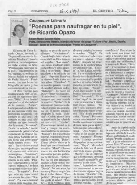 "Poemas para naufragar en tu piel", de Ricardo Opazo  [artículo] Edison Marcel Salgado Galaz.