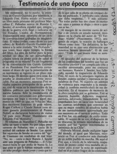 Testimonio de una epoca  [artículo] Luis Sánchez Latorre.
