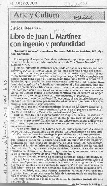 Libro de Juan L. Martínez con ingenio y profundidad  [artículo] Mario Tomás Schilling F.