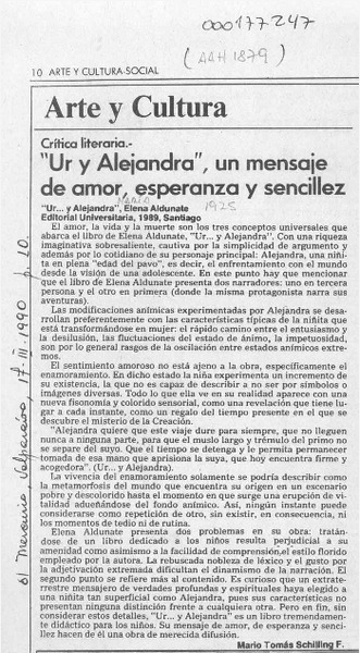 "Ur -- y Alejandra", un mensaje de amor, esperanza y sencillez  [artículo] Mario Tomás Schilling F.