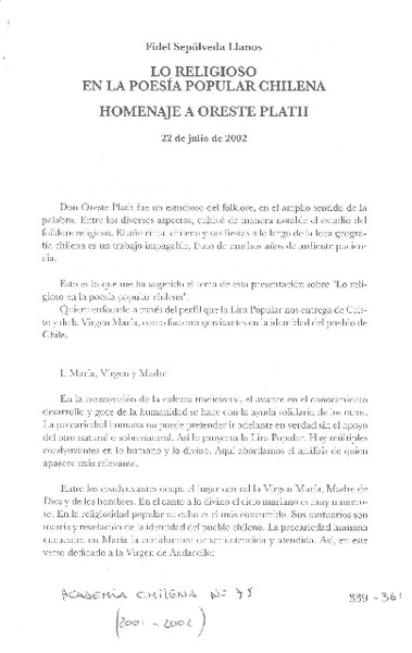 Lo religioso en la poesía popular chilena, homenaje a Oreste Plath