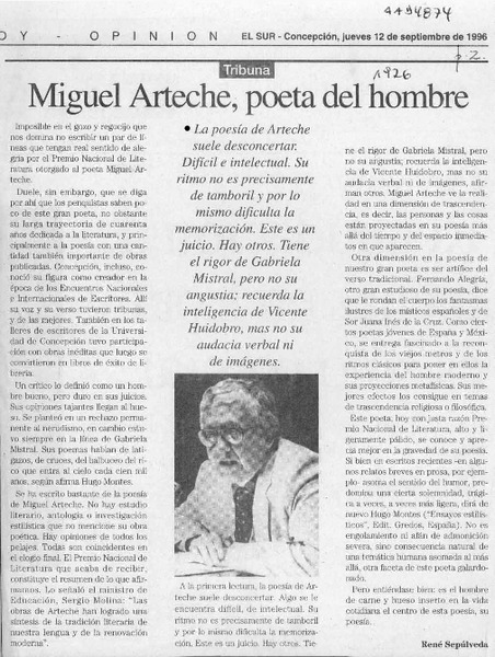 Miguel Arteche, poeta del hombre  [artículo] René Sepúlveda.