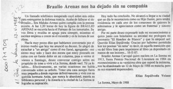 Braulio Arenas nos ha dejado sin su compañía  [artículo] Elías Sepúlveda Veloso.
