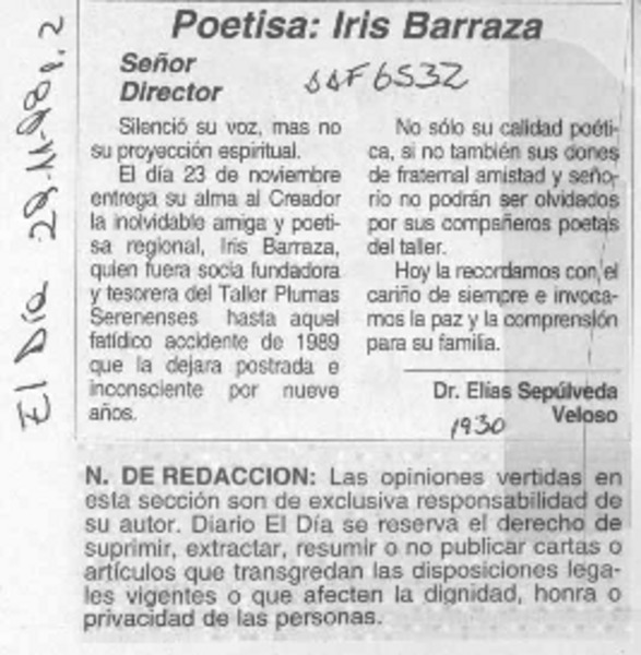 Poetisa: Iris Barraza  [artículo] Elás Sepúlveda Veloso.