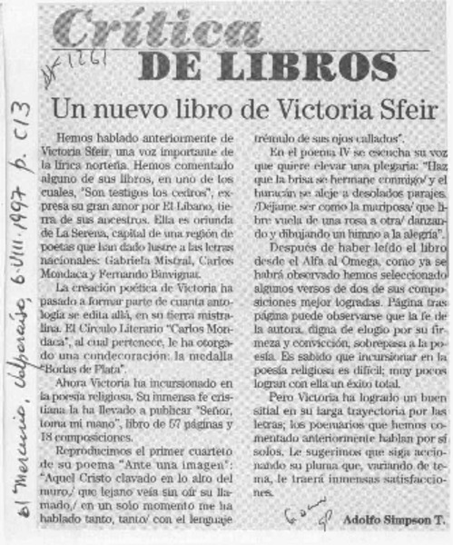 Un nuevo libro de Victoria Sfeir  [artículo] Adolfo Simpson T.