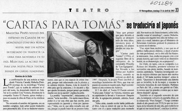 "Cartas para Tomás" se traducirá al japonés  [artículo] Romina de la Sotta