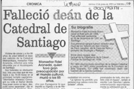 Falleció deán de la Catedral de Santiago  [artículo] Irene Strodthoff y Lucía Zamora.