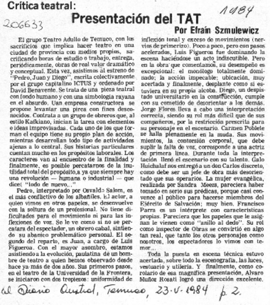 Presentación del TAT  [artículo] Efraín Szmulewicz.