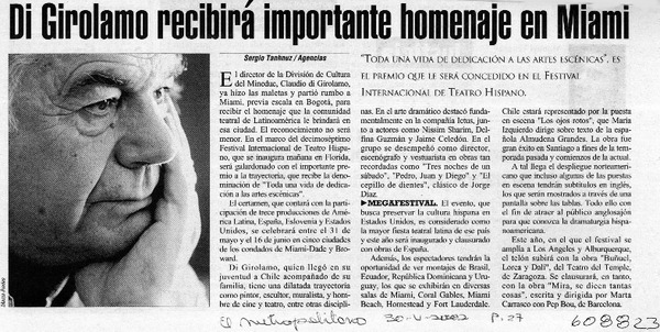 Di Girolamo recibirá importante homenaje en Miami  [artículo] Sergio Tanhnuz