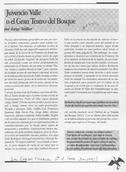 Juvencio Valle o el gran teatro del bosque  [artículo] Jorge Teillier.