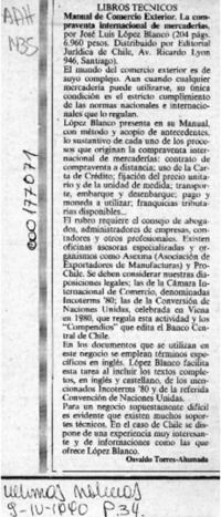 Manual de Comercio Exterior, la compraventa internacional de mercaderías  [artículo] Osvaldo Torres-Ahumada.
