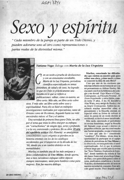 Sexo y espíritu  [artículo] Tatiana Vega.