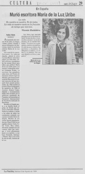 Murió escritora María de la Luz Uribe
