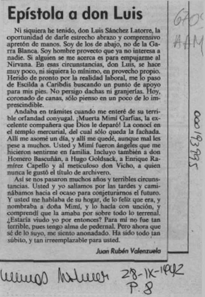 Epístola a don Luis  [artículo] Juan Rubén Valenzuela.