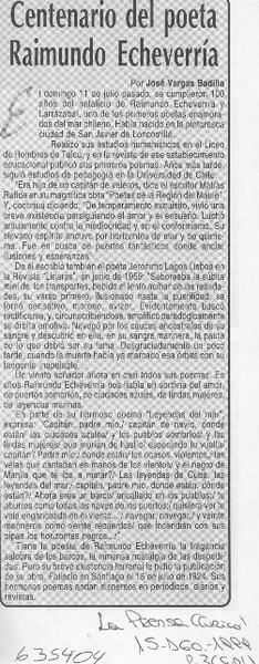 Centenario del poeta Raimundo Echeverría  [artículo] José Vargas Badilla