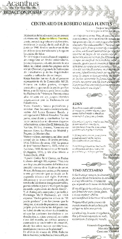 Centenario de Roberto Meza Fuentes  [artículo] José Vargas Badilla
