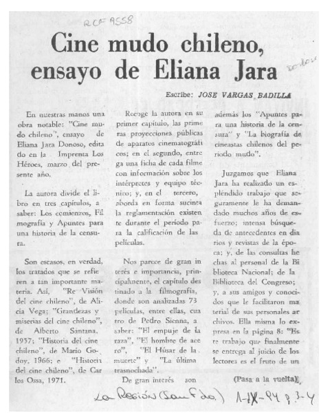 Cine mudo chileno, ensayo de Eliana Jara  [artículo] José Vargas Badilla.