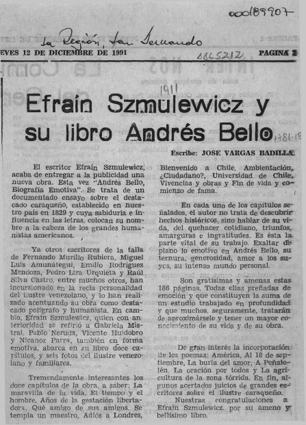Efraín Szmulewicz y su libro Andrés Bello  [artículo] José Vargas Badilla.