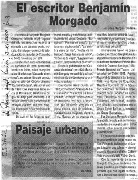 El escritor Benjamín Morgado  [artículo] José Vargas Badilla