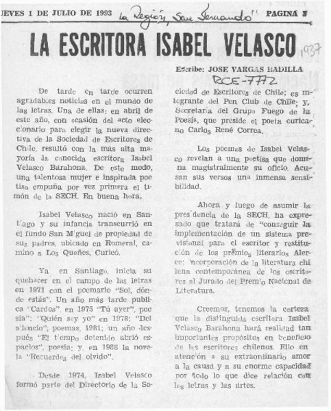 La escritora Isabel Velasco  [artículo] José Vargas Badilla.