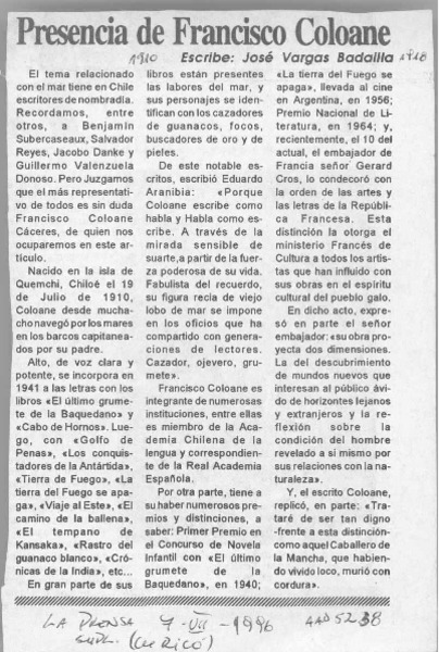 Presencia de Francisco Coloane  [artículo] José Vargas Badilla.