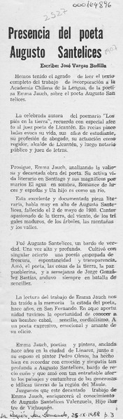 Presencia del poeta Augusto Santelices  [artículo] José Vargas Badilla.