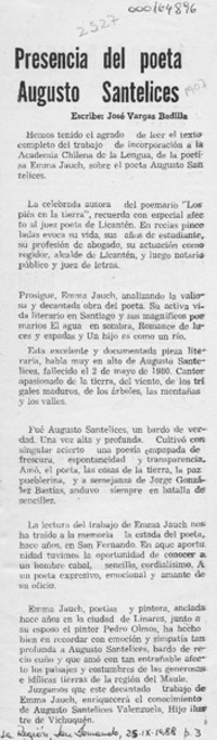 Presencia del poeta Augusto Santelices  [artículo] José Vargas Badilla.