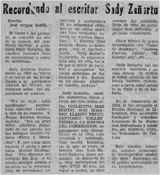 Recordando al escritor Sady Zañartu