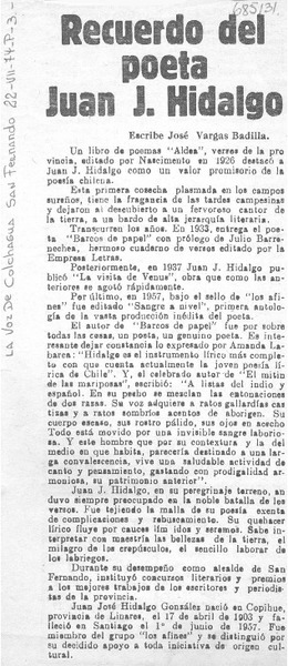 Recuerdo del poeta Juan J. Hidalgo