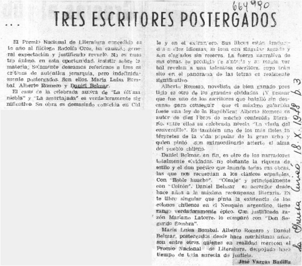 Tres escritores postergados  [artículo] José Vargas Badilla.