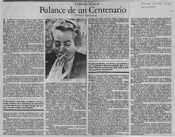 Balance de un centenario  [artículo] Luis Vargas Saavedra.