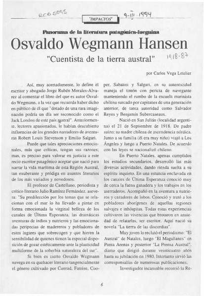 Osvaldo Wegmann Hansen  [artículo] Carlos Vega Letelier.