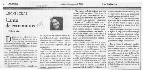 Canto de extramuros  [artículo] Sara Vial.