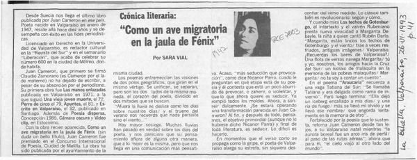 "Como un ave migratoria en la jaula de Fénix"  [artículo] Sara Vial.