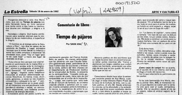 Tiempo de pájaros  [artículo] Sara Vial.
