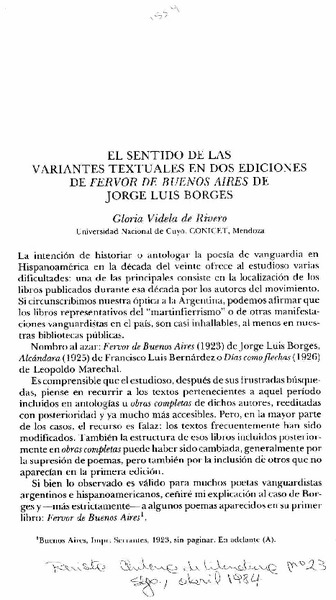 El Sentido de las variantes textuales en dos ediciones de Fervor de Buenos Aires de Jorge Luis Borges