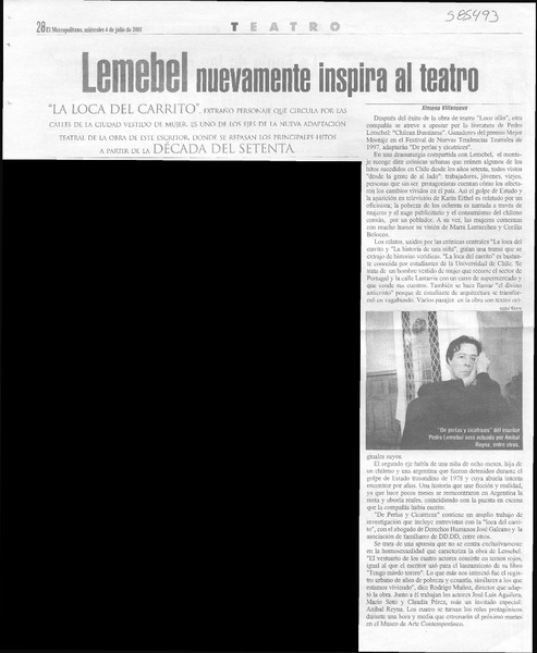 Lemebel nevamente inspira al teatro  [artículo] Ximena Villanueva