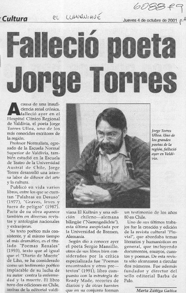 Falleció poeta Jorge Torres  [artículo] Marta Zúñiga Gatica