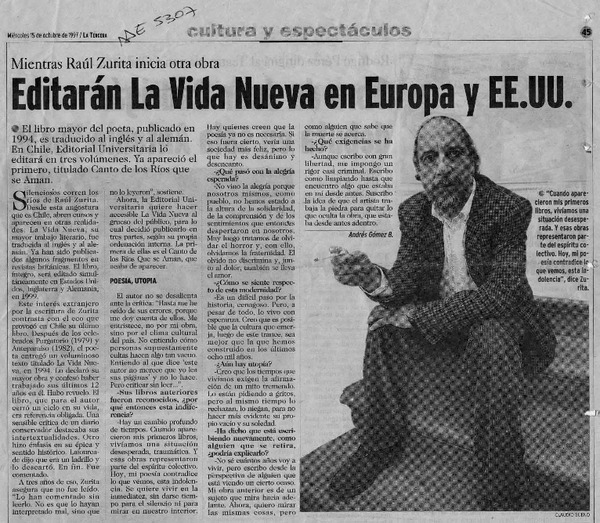 Editarán la vida nueva en Europa y EE. UU  [artículo] Anrés Gómez B.