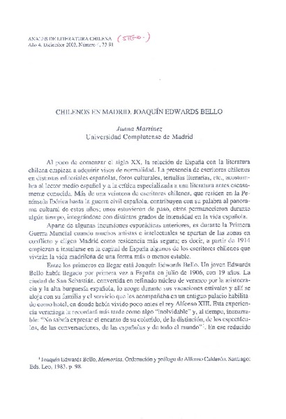 Chilenos en Madrid : Joaquín Edwards Bello  [artículo] Juana Martínez.