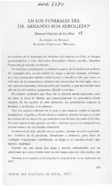 En los funerales del Dr. Armando Roa Rebolledo  [artículo] Manuel García de los Ríos.