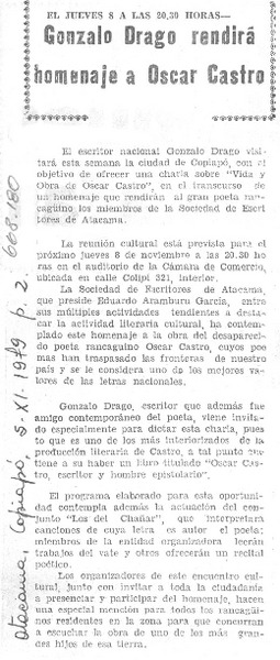 Gonzalo Drago rendirá homenaje a Oscar Castro.