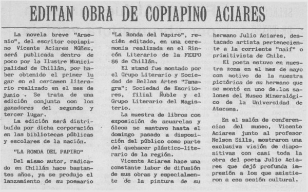 Editan obra de copiapino Aciares