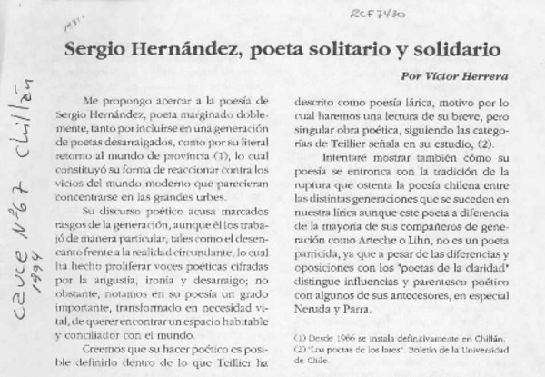 Sergio Hernández, poeta solitario y solidario  [artículo] Víctor Herrera.