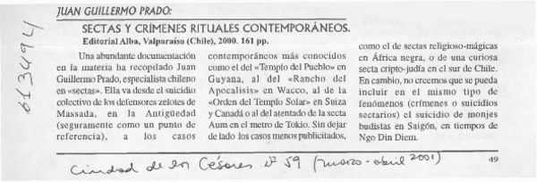 Sectas y crímenes rituales contemporáneos  [artículo]