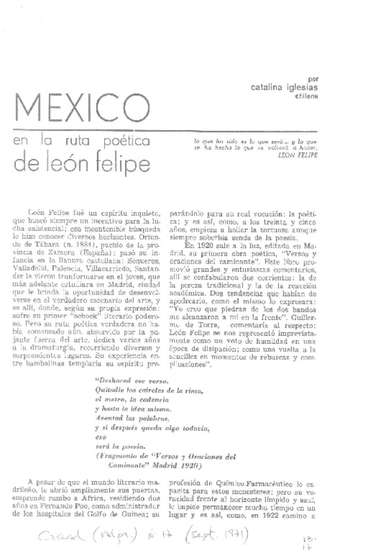México en la ruta poética de León Felipe  [artículo] Catalina Iglesias.