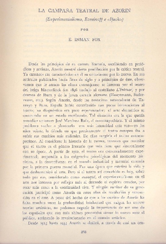 La campaña teatral de Azorín  [artículo] E. Inman Fox.