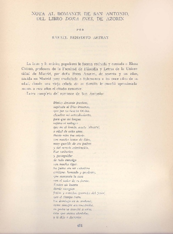 Nota al romance de San antonio, del libro Doña Inés, de Azorín  [artículo] Rafael Benedito Astray.